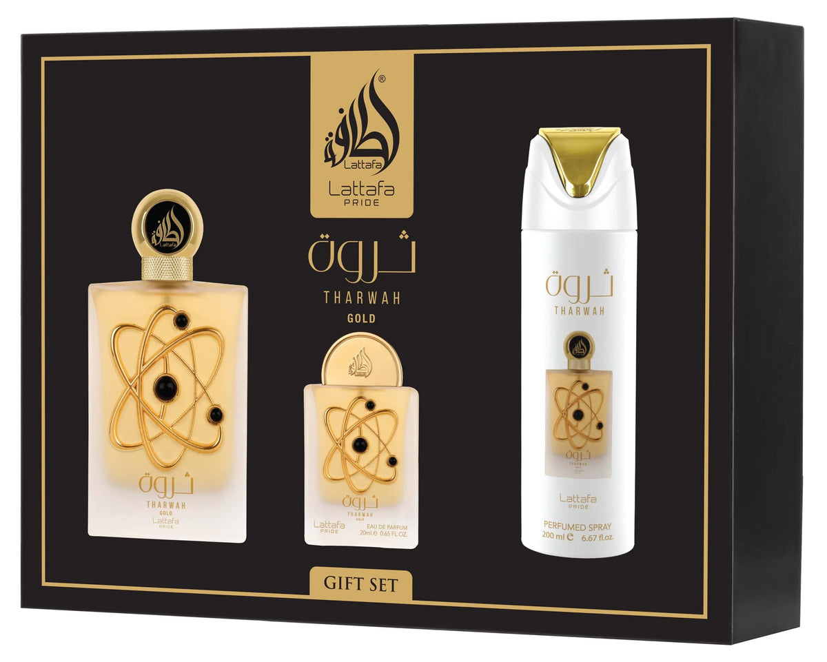 Giftset Tharwah Gold – Eau de Parfum 3 Pièces Lattafa